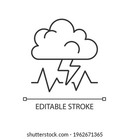 Stress linear icon. Concept of bad mood, depression and anxiety. Cloud with lightning. Thin line customizable illustration. Contour symbol. Vector isolated outline drawing. Editable stroke