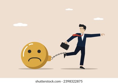 Stress load, negative thinking, emotional cause problems, mental health or depression, overworked concept, depressed businessman chain with sad face load.