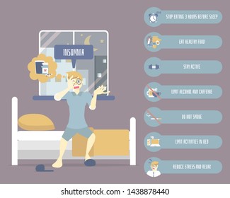 stress man lying on bed, health care sleeplessness disorder insomnia infographic concept, flat character design clip art vector illustration