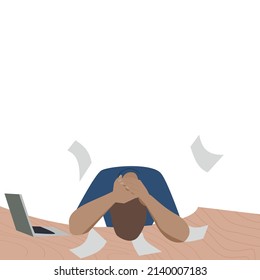 A stress man sitting face to face at a table has two hands over his head with a laptop computer and paper scattered all around.Vector isolate flat design concept for depression, headache or issues.