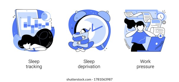 Stress Management Abstract Concept Vector Illustration Set. Sleep Tracking And Deprivation, Work Pressure, Digital Tracker, Mental Health, Chronic Anxiety, Deadline Pressure Abstract Metaphor.