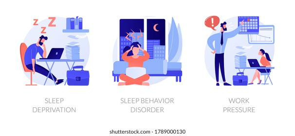 Stress management abstract concept vector illustration set. Sleep deprivation and behavior disorder, work pressure, insomnia, clinical diagnostic, mental health, chronic anxiety abstract metaphor.