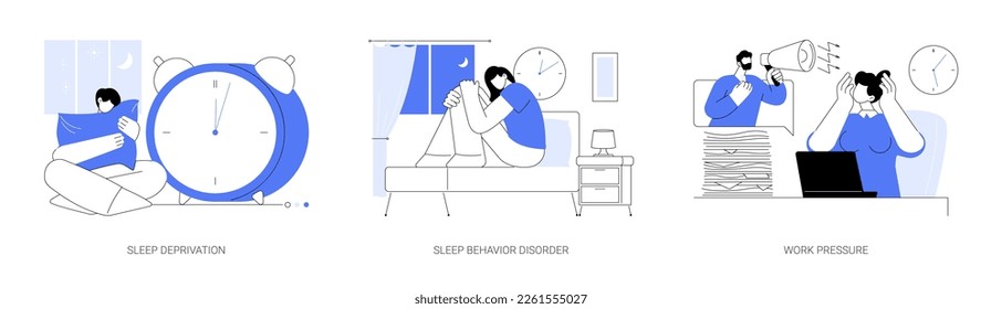 Stress management abstract concept vector illustration set. Sleep deprivation and behavior disorder, work pressure, insomnia, clinical diagnostic, mental health, chronic anxiety abstract metaphor.