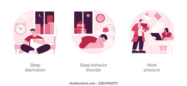Stress management abstract concept vector illustration set. Sleep deprivation and behavior disorder, work pressure, insomnia, clinical diagnostic, mental health, chronic anxiety abstract metaphor.