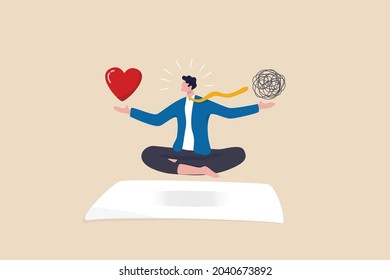 Stress management balance between work concentration and mental health, work life balance or meditation and relax, businessman meditate floating balancing messy chaos and work passion heart shape.