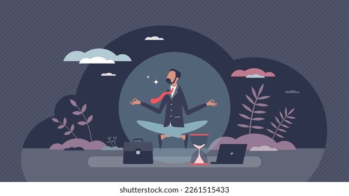 Stress management for businessman as emotional thoughts control tiny person concept. Relaxation and calm attitude at work with mental yoga or meditation technique vector illustration. Mind feeling.