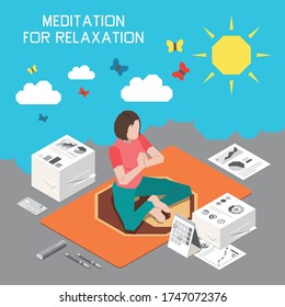 Stress management composition with yoga for relaxation symbols isometric vector illustration