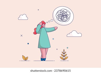 Stress management concept. Emotion during problem solving or frustration work. Woman looks at the mess of chaos with consternation. Flat vector illustration.