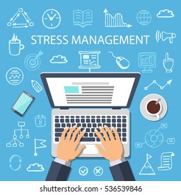 Stress Management concept. Flat style web banner with doodle icons in background, top view. Vector illustration.