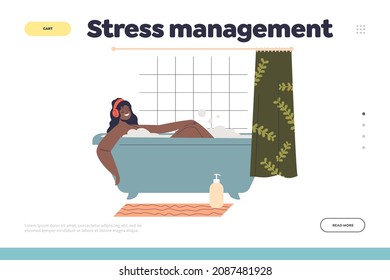 Stress management concept of landing page with woman taking bath listening to music. African american girl relax in bathroom enjoy hot water and bubbles in headphones. Cartoon flat vector illustration