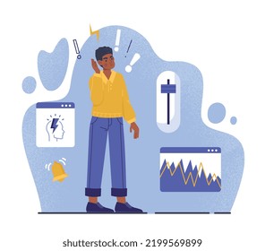 Stress management concept. Man brushes off bad news and other information. Mental health and psychology, pressure level control. Poster or banner for website. Cartoon flat vector illustration