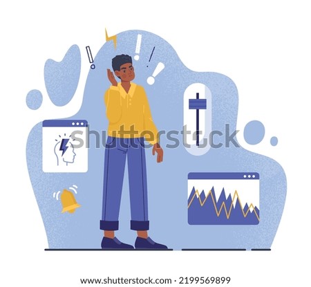 Stress management concept. Man brushes off bad news and other information. Mental health and psychology, pressure level control. Poster or banner for website. Cartoon flat vector illustration