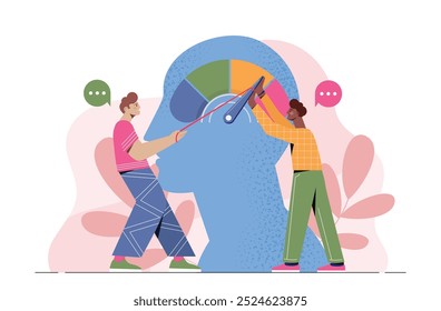 Conceito de gestão de tensões. Homens perto da cabeça silhueta com indicador. Cuidados de saúde mental e psicológica. Consciência e atenção plena. Ilustração de vetor plano isolada no plano de fundo branco