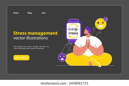 El concepto de gestión del estrés muestra el uso de la tecnología y la atención plena para monitorear y manejar los niveles de estrés para la Ilustración vectorial del equilibrio emocional