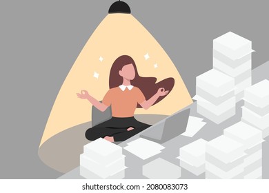 Stress Management effectively control anxiety for happier, healthier, productive, balance life and work, resilience under pressure and challenge, relaxed woman meditate at office to reduce stress