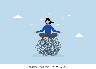 Stress management, female in lotus pose amidst chaotic lines radiating positive energy. 