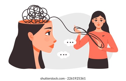 Stress management. The girl unravels chaos messy line in her head. Problem solving. Mental health. Flat vector illustration.
