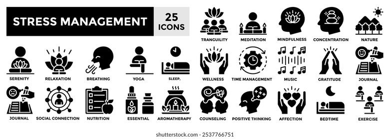 Coleção de ícones de gerenciamento de estresse set.Contendo serenidade, meditação, relaxamento, tranquilidade, bem-estar, ícone do sono.Simples ilustração de vetor de preenchimento preto.