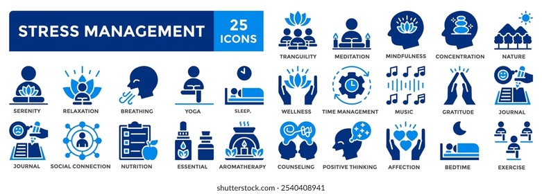 Stress management icon collection set.Containing serenity,meditation,relaxation,tranquility,wellness, sleep icon.Simple flat vector illustration.