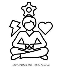 Stress Management icon represented by lighting bolt, gear, love, meditation Line style.