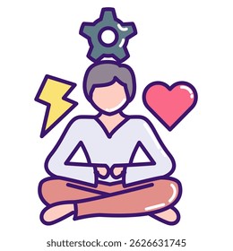 Stress Management icon represented by lighting bolt, gear, love, meditation Lineal Color style.