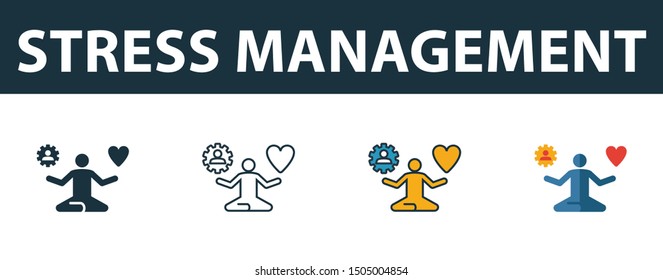 Stress Management icon set. Four elements in diferent styles from soft skills icons collection. Creative stress management icons filled, outline, colored and flat symbols.