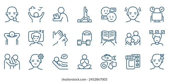 Conjunto de iconos de gestión del estrés: técnicas y actividades para aliviar el estrés. Incluye yoga, sueño saludable, deportes, lectura y respiración adecuada. Iconos vectoriales lineales editables para Asistencia psicológica.