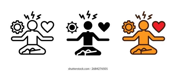 Icono de manejo del estrés Vector. Reducción del estrés y equilibrio mental a través de la meditación con el símbolo del corazón y la mente. Ilustración vectorial.