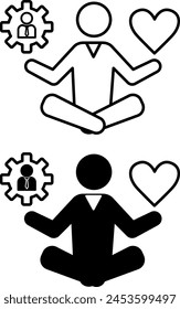 Stress Management Icons. Black and White Vector Icons of Meditating Man. Work-Life Balance. Mental Health. Wellness Concept