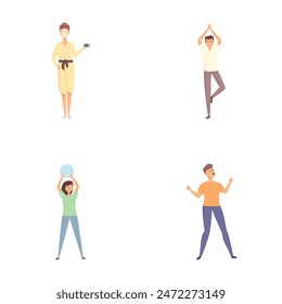 Stress management icons set cartoon vector. People deal with stress differently. Hobby, pastime