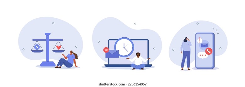 Stress management illustration set. Business characters trying to maintain healthy work life balance to prevent burnout. Mindfulness and meditation at work concept. Vector illustration.