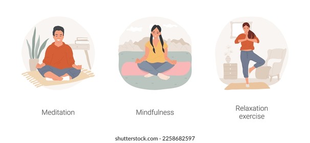 Stress management isolated cartoon vector illustration set. Person practice mindfulness, sit in meditation pose, keeping hands in mudra gesture, relaxation exercise, manage emotions vector cartoon.