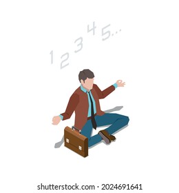 Stress management isometric composition with character of businessman sitting in yoga pose with digits vector illustration