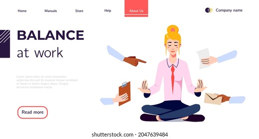 Stress management landing page design. Businesswoman meditates in the office, balancing work and life responsibilities. Healthy lifestyle and Balanced work management web page vector design.