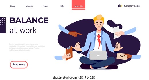 Stress management landing page design. Businessman meditates in the office, balancing work and life responsibilities. Healthy lifestyle and Balanced work management web page vector design.