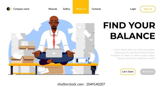 Stress management landing page design. Businessman meditates in the office, balancing work and life responsibilities. Healthy lifestyle and Balanced work management web page vector design.