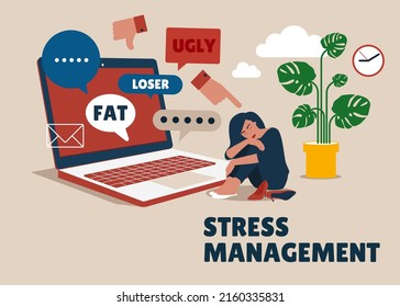 Stress Management Landing Page Template. Cyber bullying. Female Character Depression, Unhappy Woman Sit on Floor with Tangled Thoughts in Head, Girl Need Psychological Help, Mind Problem. Shame.