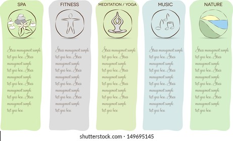 Stress management layouts. Meditation, yoga, nature, music, spa, fitness helps to prevent stress and be relaxed.