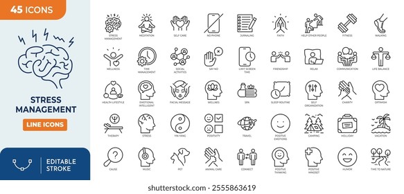 stress management line editable icon set. stress management icon set.	
