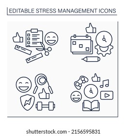 Stress management line icons set. Checklist, balanced schedule. Positive emotions from physical activity, reading and relaxation. Mental health concept. Isolated vector illustrations. Editable stroke