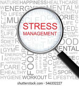 Stress Management. Magnifying glass over seamless background with different association terms.