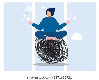 Manejo del estrés, meditación o relajación para reducir la ansiedad, controlar la emoción durante la resolución de problemas o el concepto de trabajo de frustración, la meditación de mujeres en loto en el caos de la línea de energía positiva.