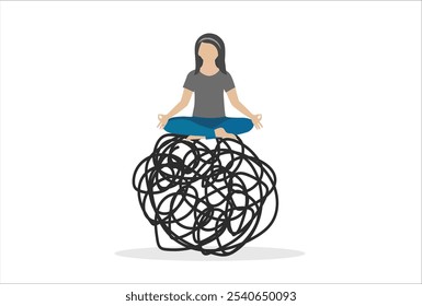 Stress management, meditation or relaxation to reduce anxiety, control emotion during problem solving or frustration work concept, woman in lotus meditation on chaos mess line with positive energy.