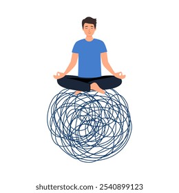 Stress management, meditation or relaxation to reduce anxiety, control emotion during problem solving or frustration work concept, Man in lotus meditation on chaos mess line with positive energy.