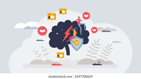 Stress management and mental protection from frustration tiny person concept. Healthy mind control to reduce anxiety from social media, business and daily life vector illustration. Psychotherapy help