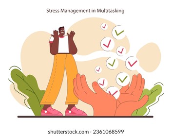 Stress management in multitasking. Effective and competent office worker time and task management. Business productivity optimization. Flat vector illustration