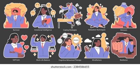 Stress management night or dark mode set. Diverse office characters burnout. Employee work-life balance, relaxation techniques and self-care. EQ and mindfulness. Flat vector illustration.
