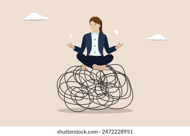 Stress management, relaxation to reduce anxiety, control emotion during problem solving concept, woman in lotus meditation on chaos mess line with positive energy.