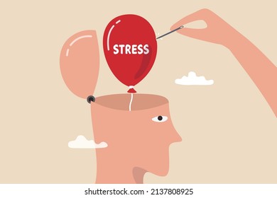 Stress management, relaxation to relieve anxiety or anger from your brain, meditation to help reduce stress concept, doctor help solve anxiety problem using needle to burst stress balloon.