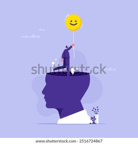 Stress management, relaxation to relieve anxiety or anger from your brain concept, changing mindset to be more positive, businessman flying out of stressed head by using smiley face balloon